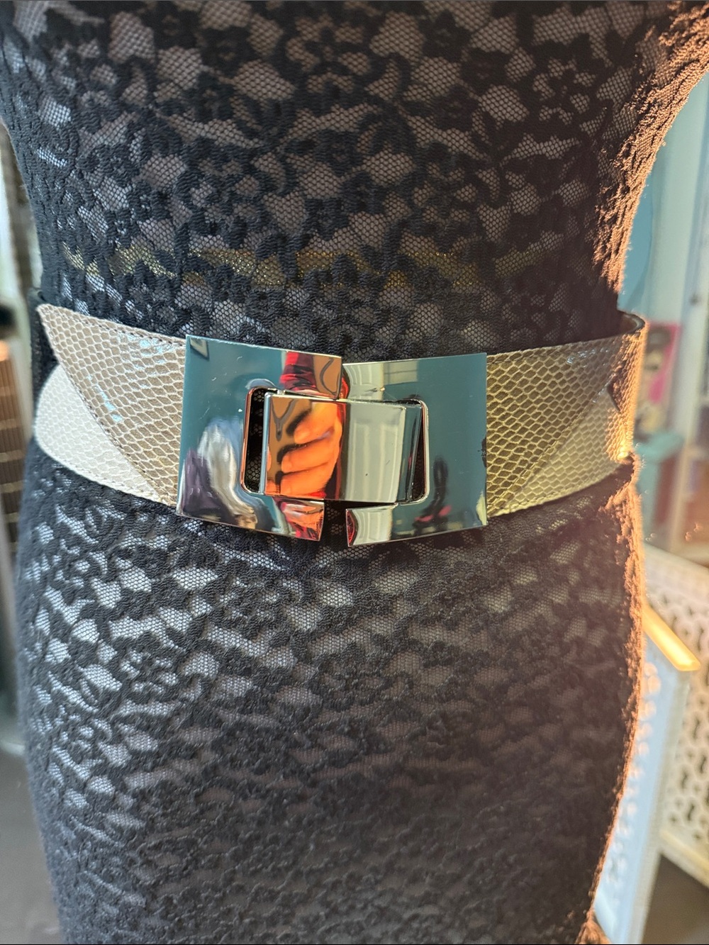 Women's Metallic Snakeskin Elastic Belt with Silver Buckle